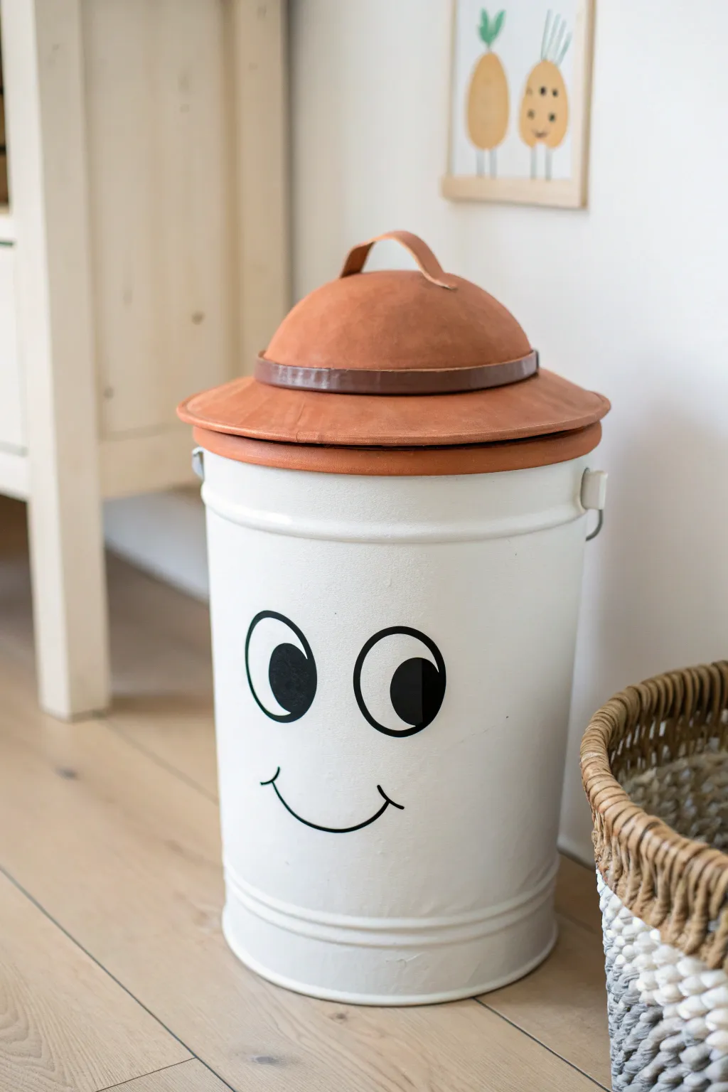 Turn a plain bin into a sweet character face with bold eyes, simple smile, and a lid hat.