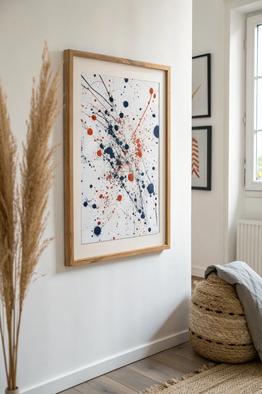 High-contrast splatter art in an oak frame, a bold action-paint look for boys room wall decor
