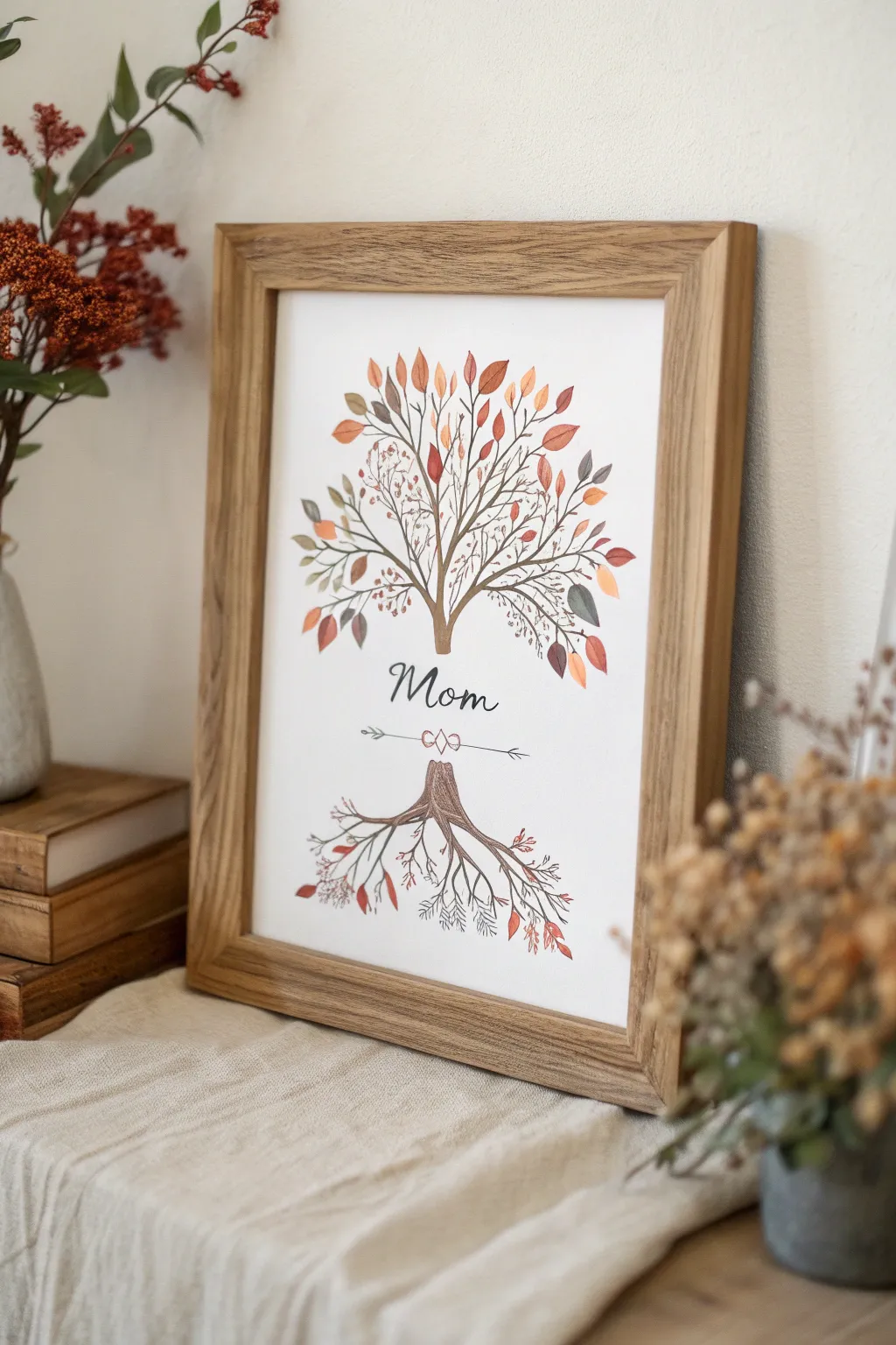 Minimalist family tree painting with Mom in the roots, ready to hang for a heartfelt gift.