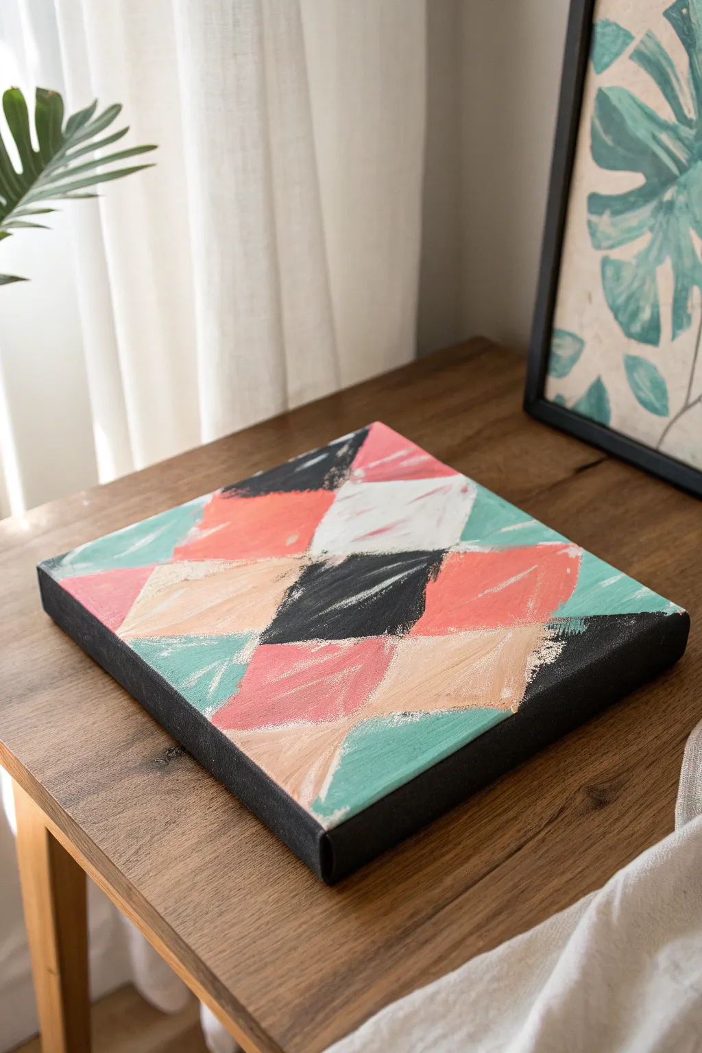 Palette knife abstract on a black canvas, dramatic texture with soft boho pops of color