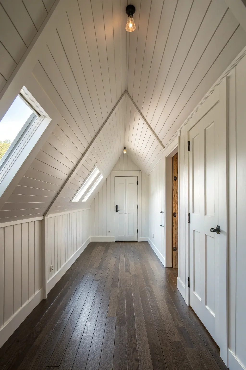 One-color painted sloped paneling unifies an attic room and makes the ceiling feel higher