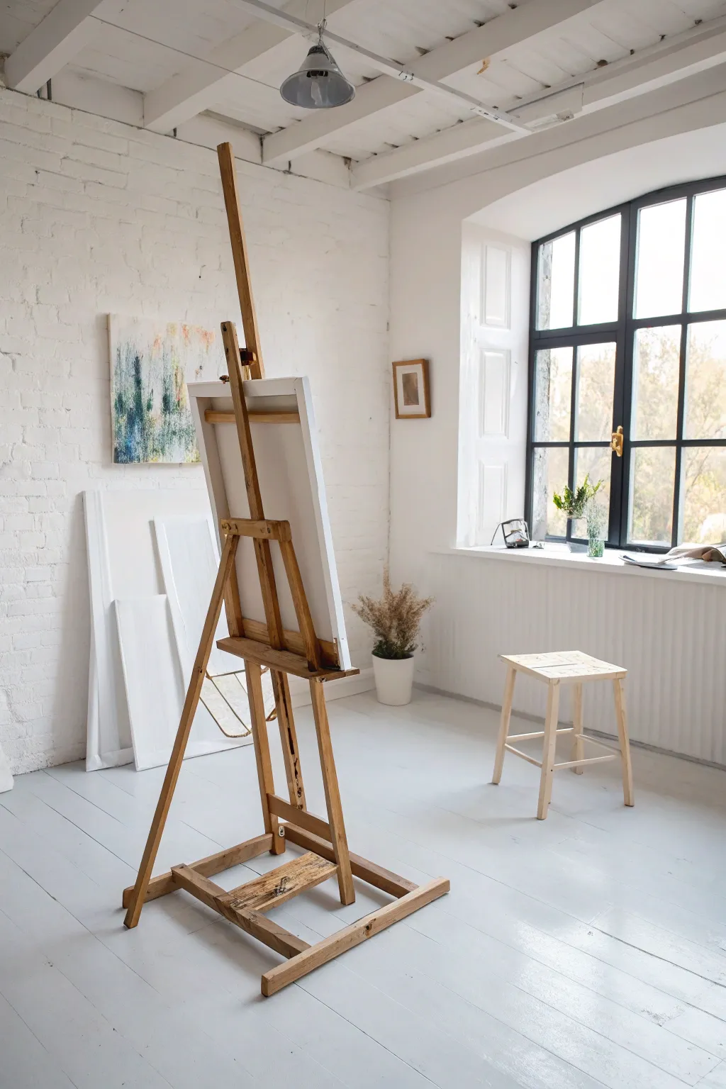 Minimal white box studio: one bold canvas on the easel for a calm, focused creative space