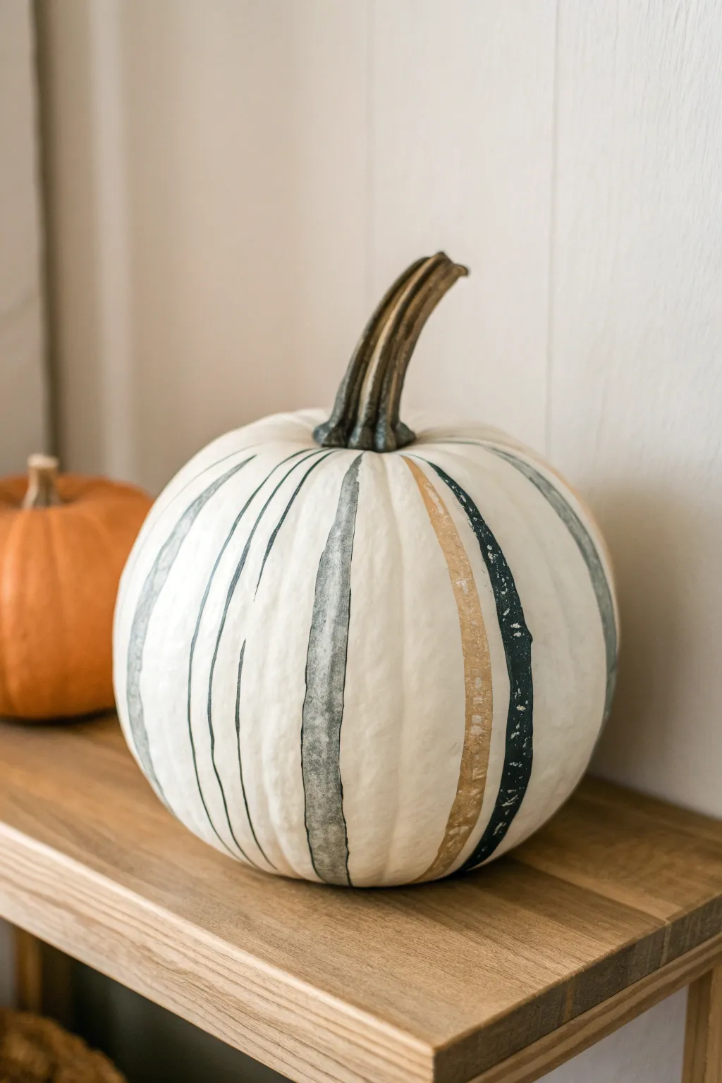 White pumpkin with neutral abstract brushstroke bands for a calm, modern fall accent