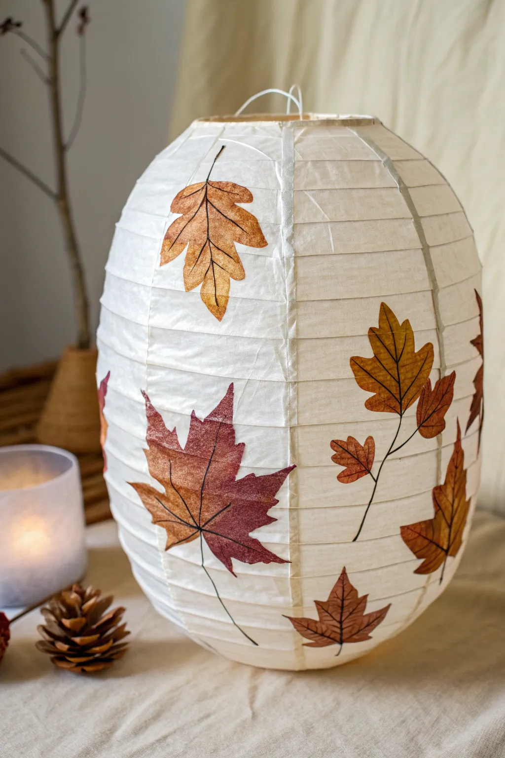 Paint a cozy paper lantern with layered rust, gold, and deep red leaves for autumn glow