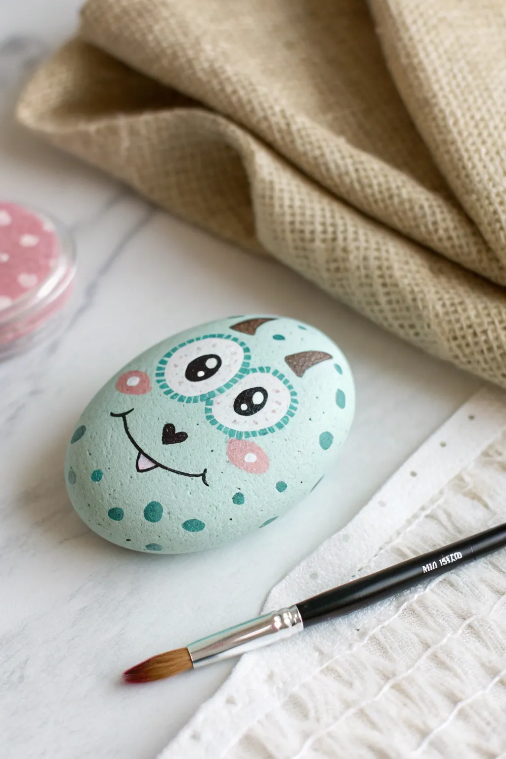Paint a sweet monster pebble with bold eyes and simple patterns in a bright, airy workspace.