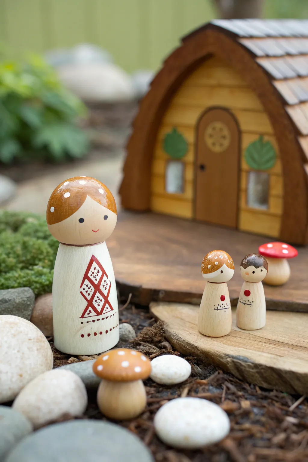 Painted peg doll playset world with tiny toadstools and doors, cozy minimalist magic