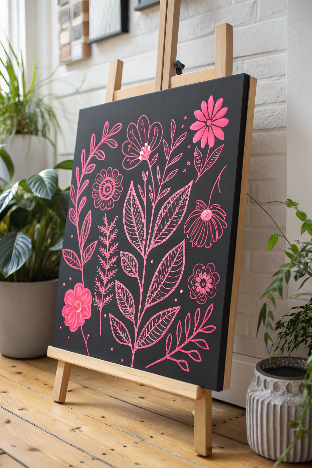 Try neon hot pink line florals on a deep charcoal canvas for a bold minimalist glow