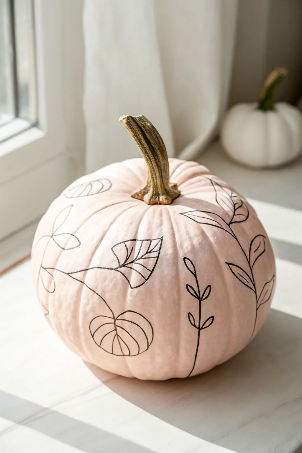 Pale pink pumpkin with clean negative-space line art for minimalist boho autumn decor