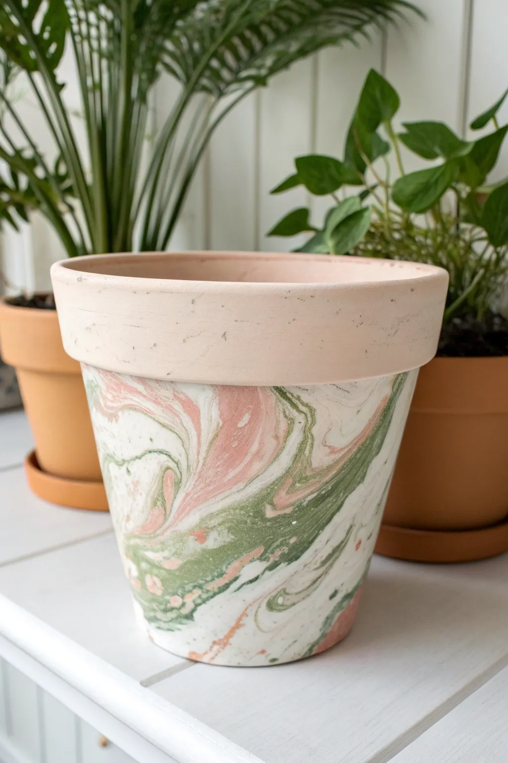 Marbled dip paint turns a simple pot into instant abstract drama, clean Scandinavian vibes.