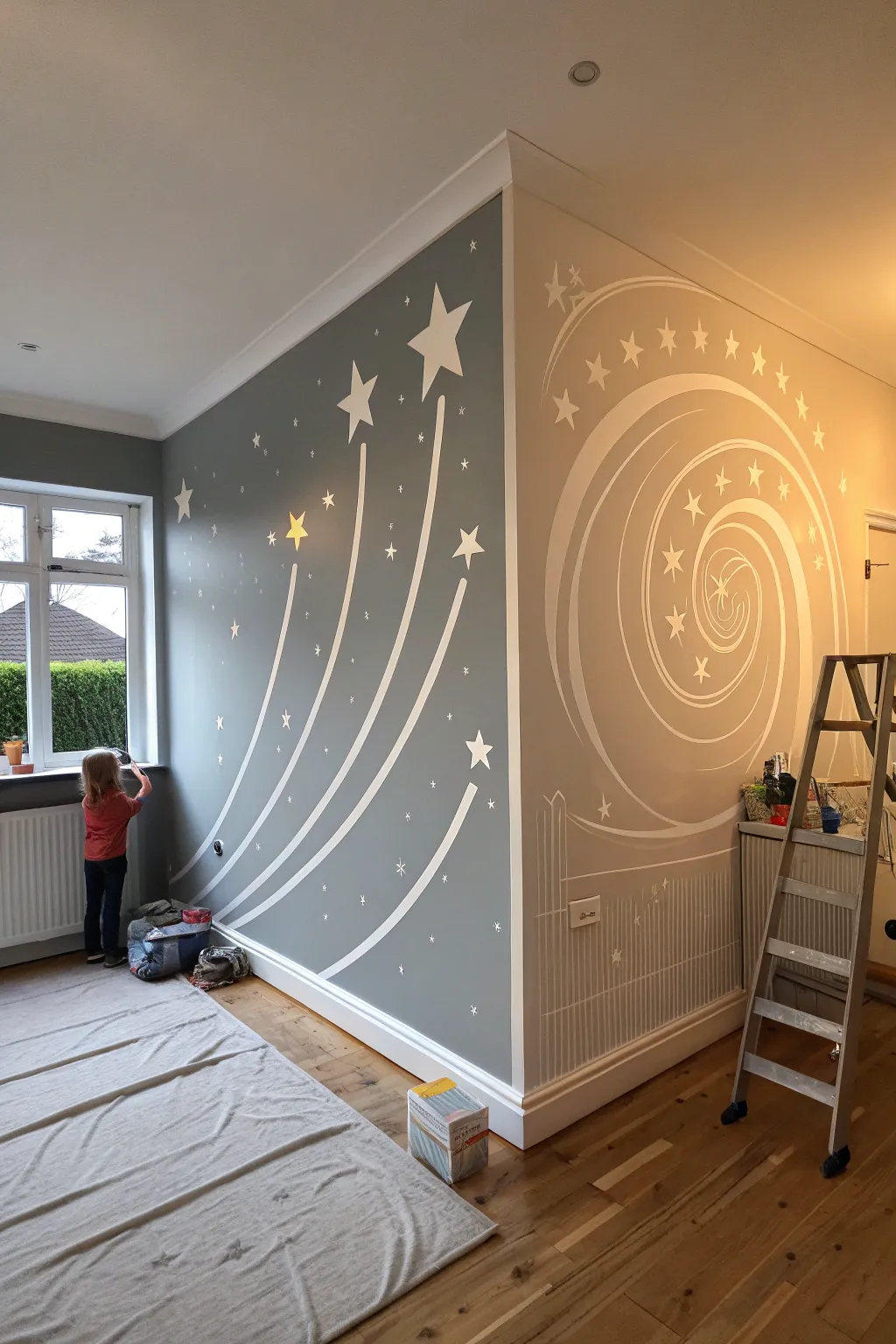 Day-to-night star trail mural that softly glows, turning a calm playroom wall into magic
