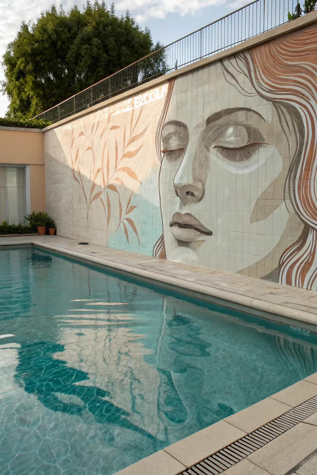 Surreal underwater portrait mural with ripples and refracted light for a gallery-like pool wall