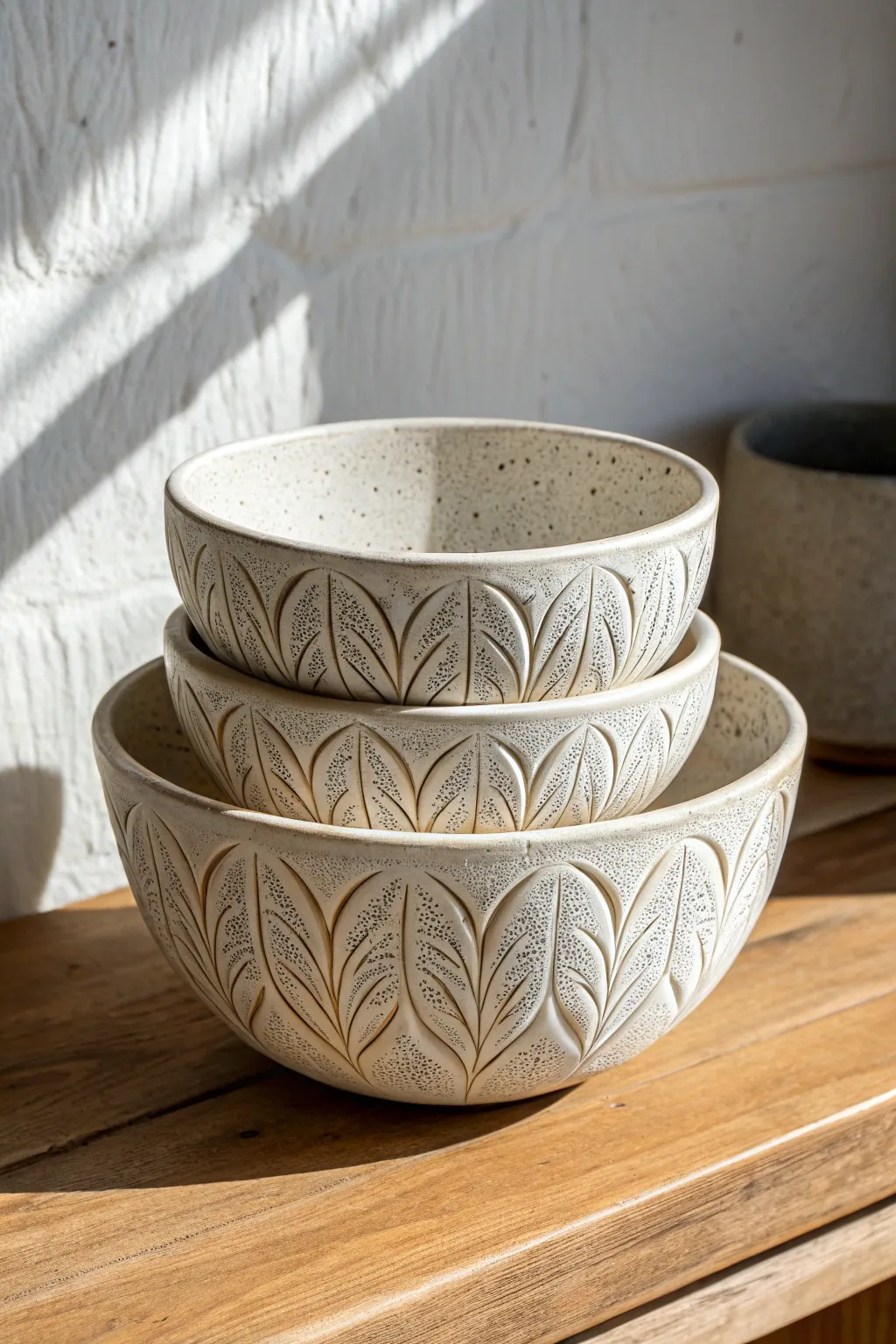 Stacked nesting bowls with scaled leaf motifs, a calm Scandinavian-boho pottery set.