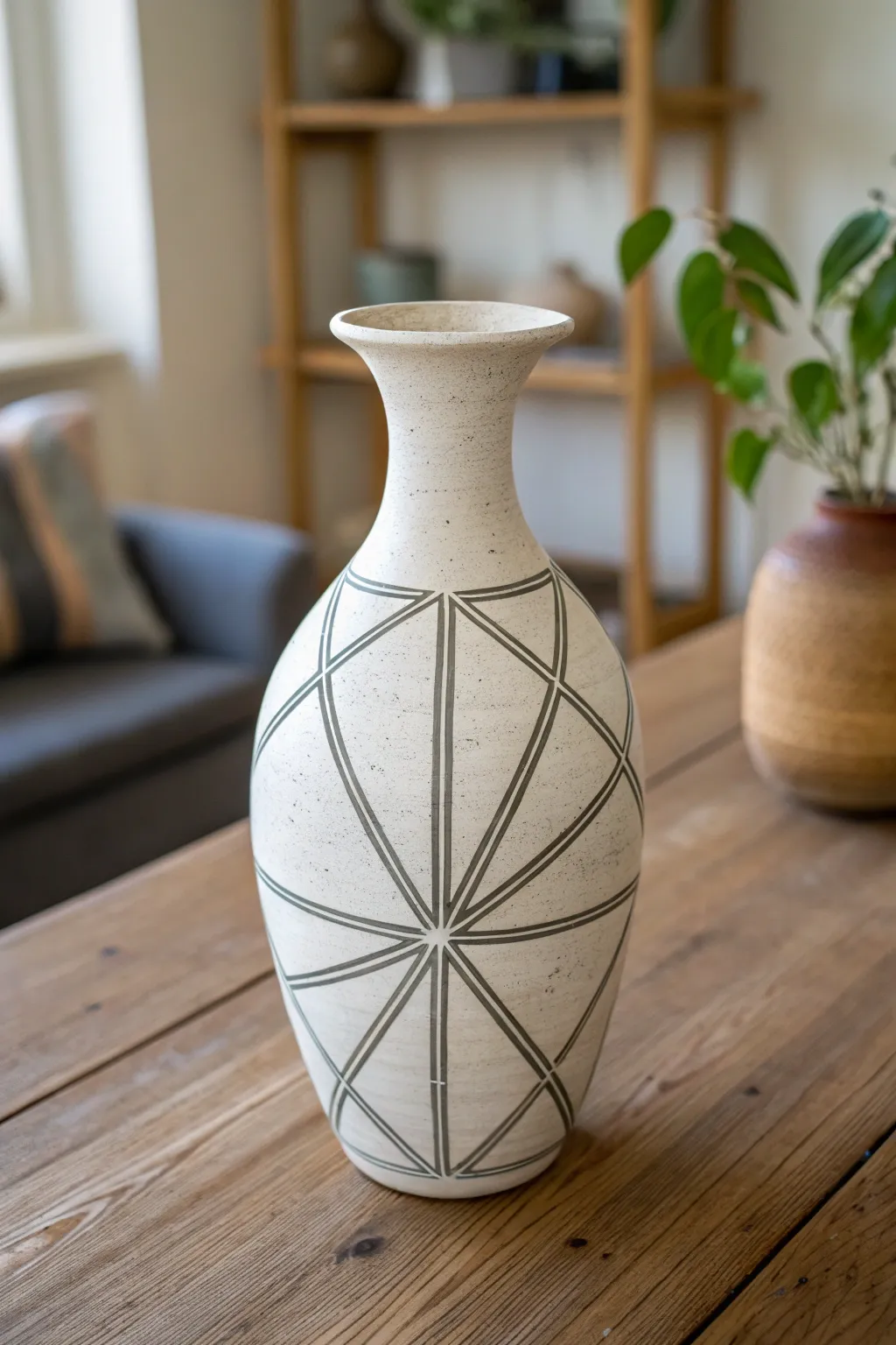 Tape-resist vase in progress with crisp negative space lines and a satisfying peel reveal