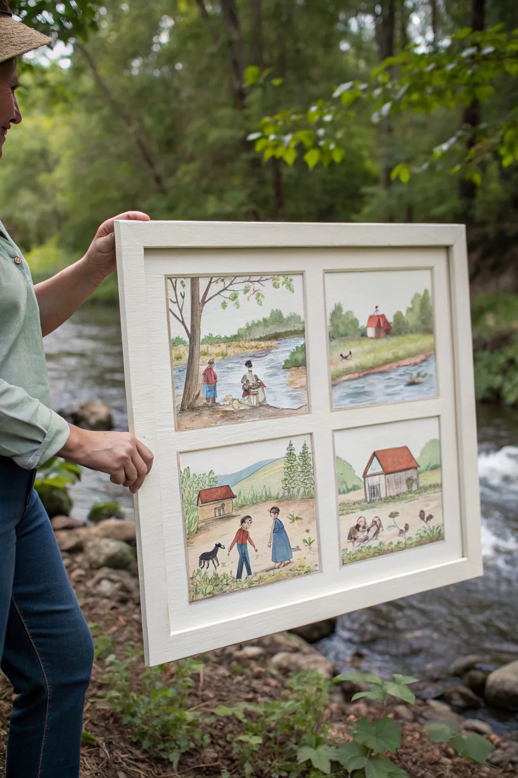 Primitive folk story panels in simple boxes, a cozy way to paint everyday scenes step by step