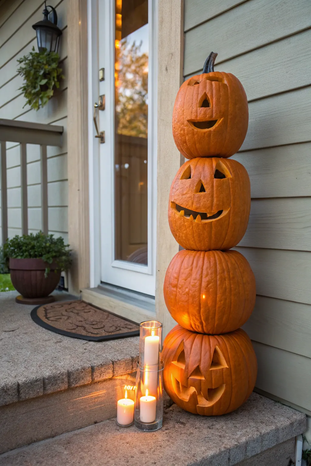 Minimalist stacked pumpkin totem with three faces, a cozy Scandinavian-boho porch centerpiece