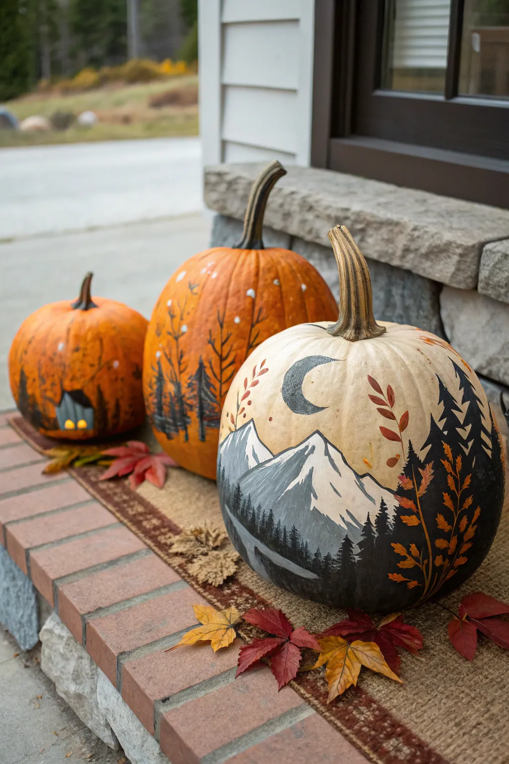 Three painted pumpkins, one cohesive story scene, styled for a standout contest table display.