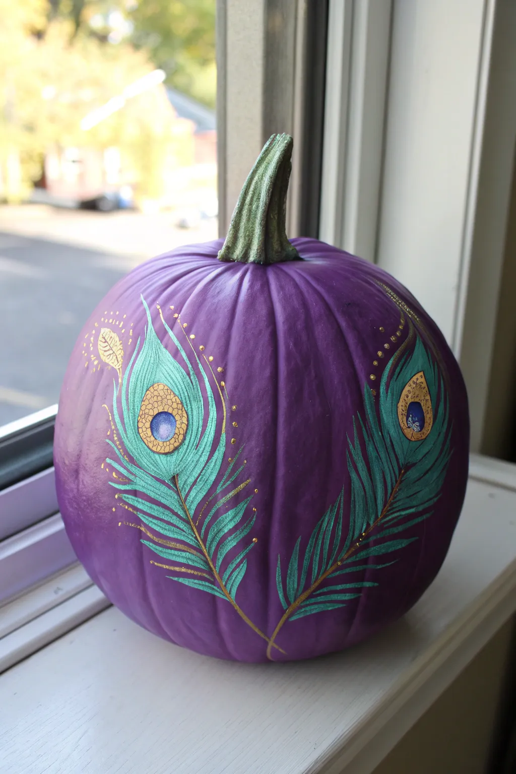 Purple pumpkin with peacock-feather eyes in teal, green, and gold, close-up brushwork detail