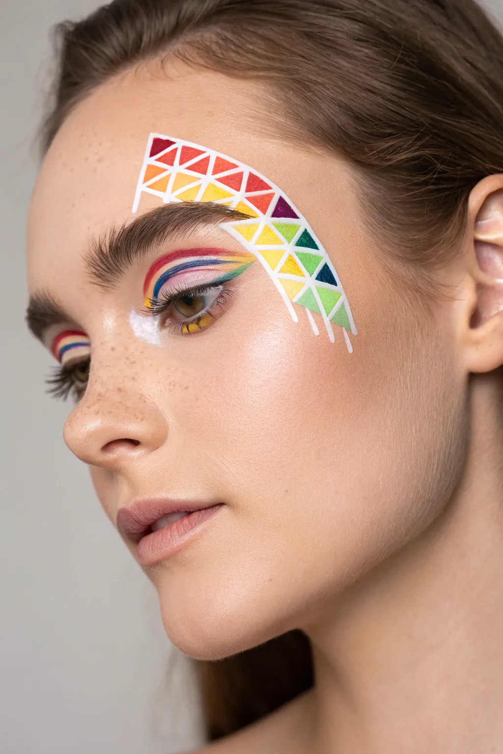 Geometric rainbow face paint blocks over the brow with crisp white lines, minimal Scandinavian boho