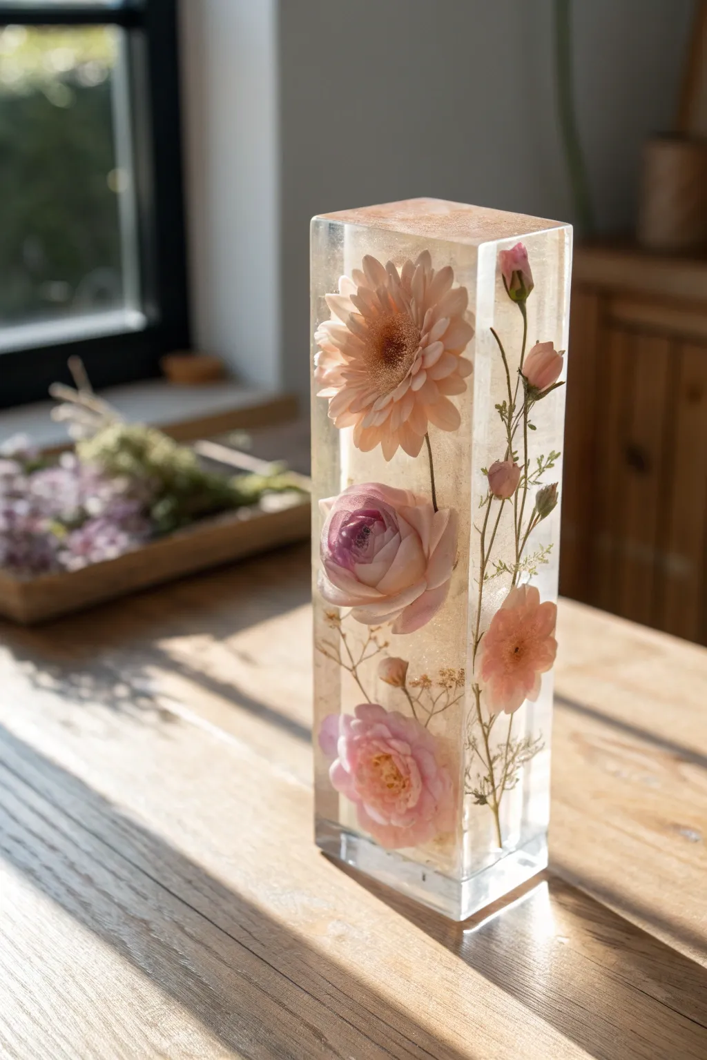 Stacked 3D resin flower layers with a floating blush-to-lavender gradient and bold depth