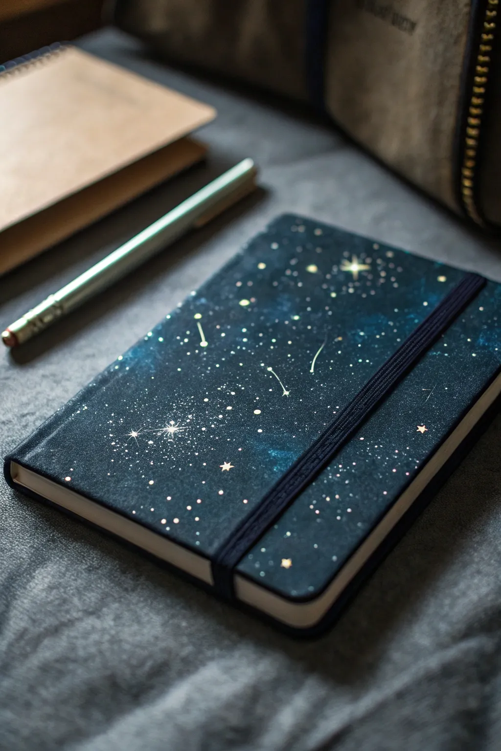 Glow-in-the-dark resin cover with starry specks and soft swirls for calming night notes.