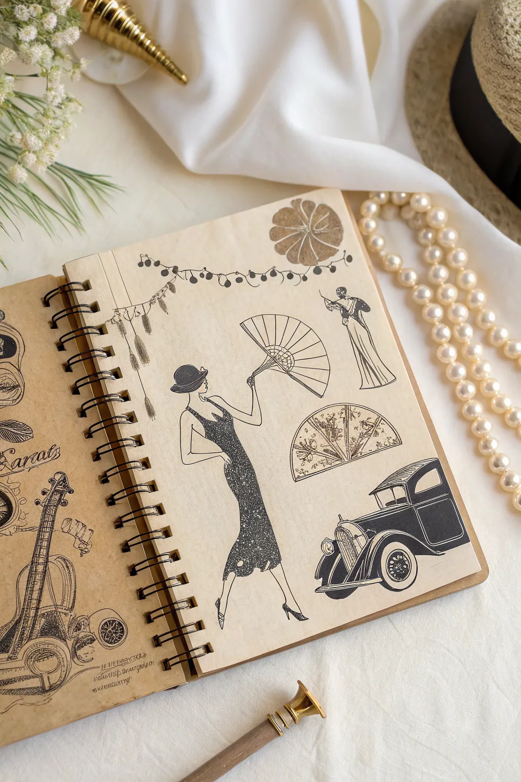 Create a Roaring 20s icon collage page in ink and muted gold for Art Deco charm.