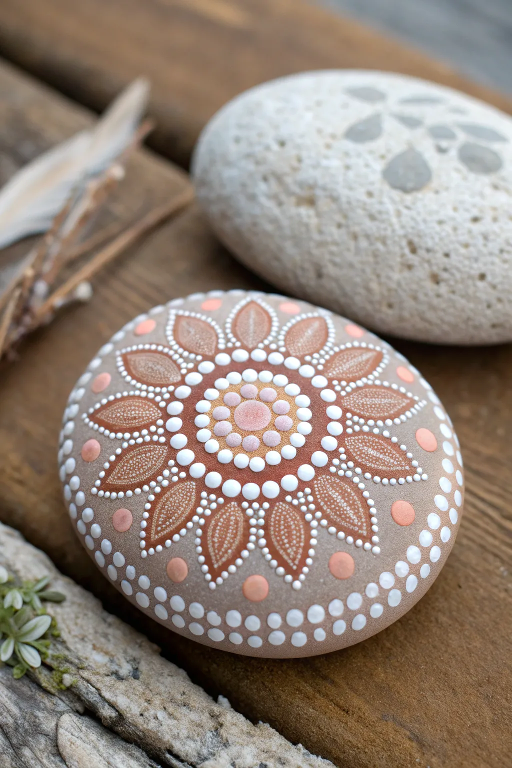 Dot art mini mandala rock with a cotton swab tip, a simple kid friendly painting idea in calm boho tones