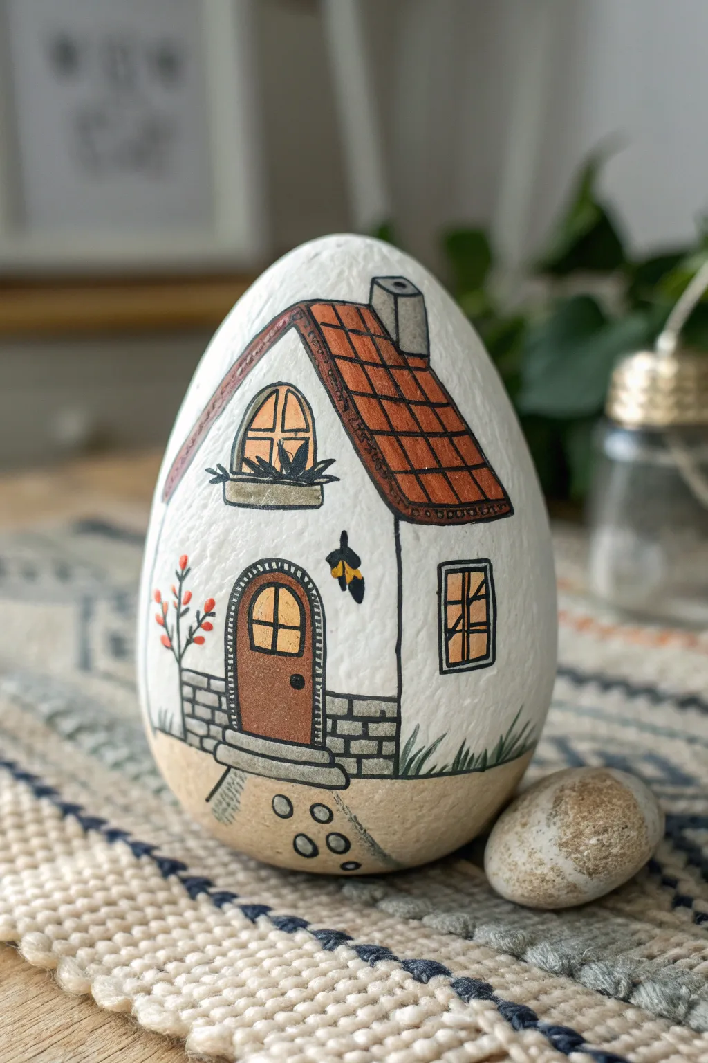 Cutaway house rock with a cozy mini room, lamp, frame, and rug in calm Scandi boho tones