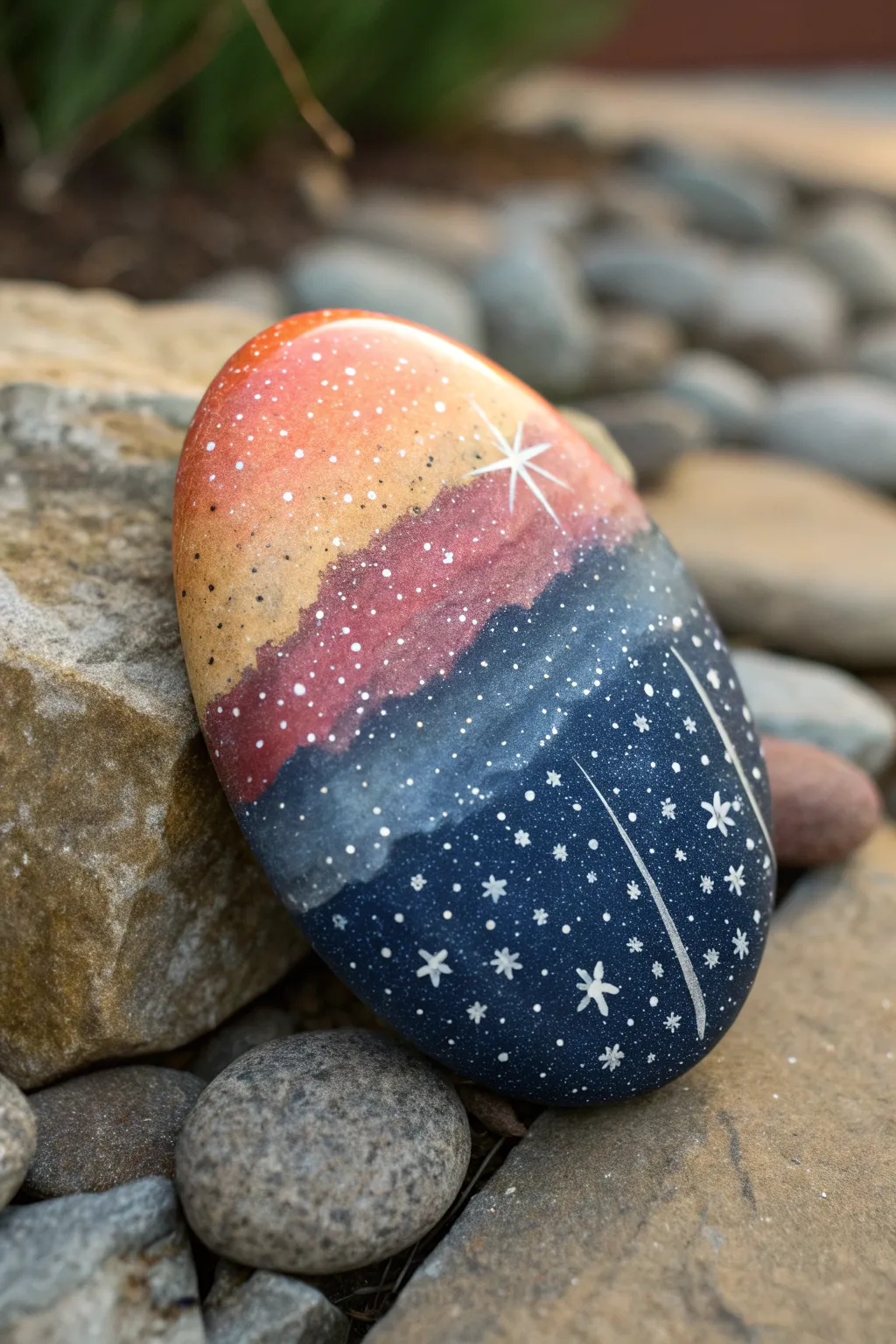 Sunset fades into galaxy sparkle on a painted rock, finished with a crisp black treeline.
