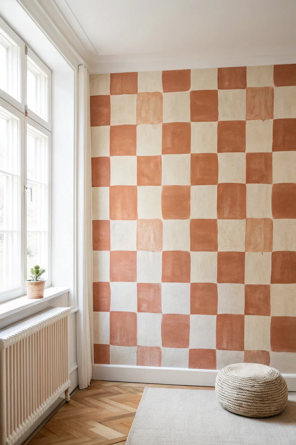Bold terracotta and cream checkerboard wall for minimalist Scandinavian boho room decor