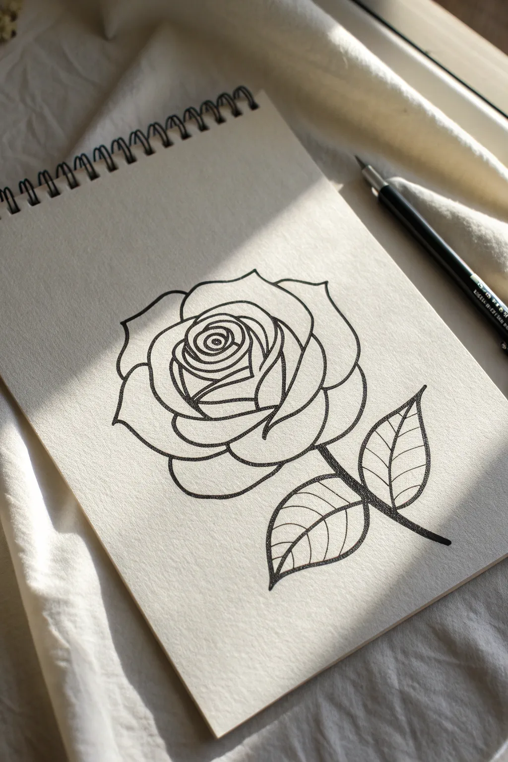 One-line rose doodle with spiral center, simple and charming for minimalist sketch practice