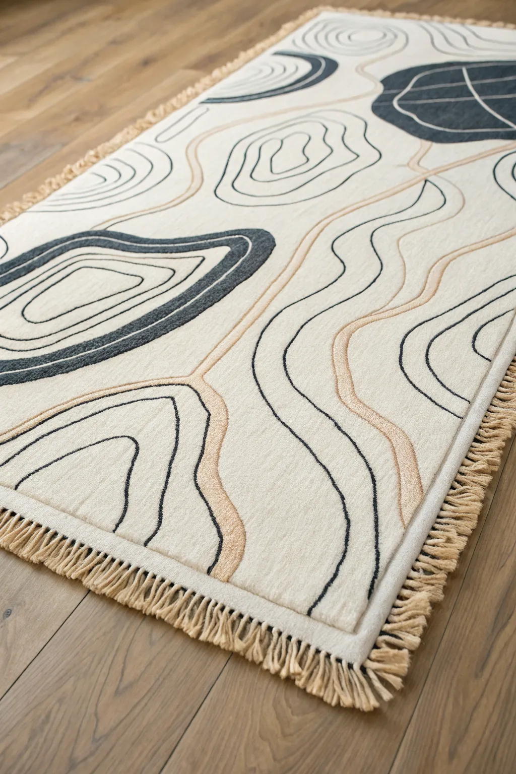 Modern topographic linework rug painting for a calm Scandinavian boho home studio vibe