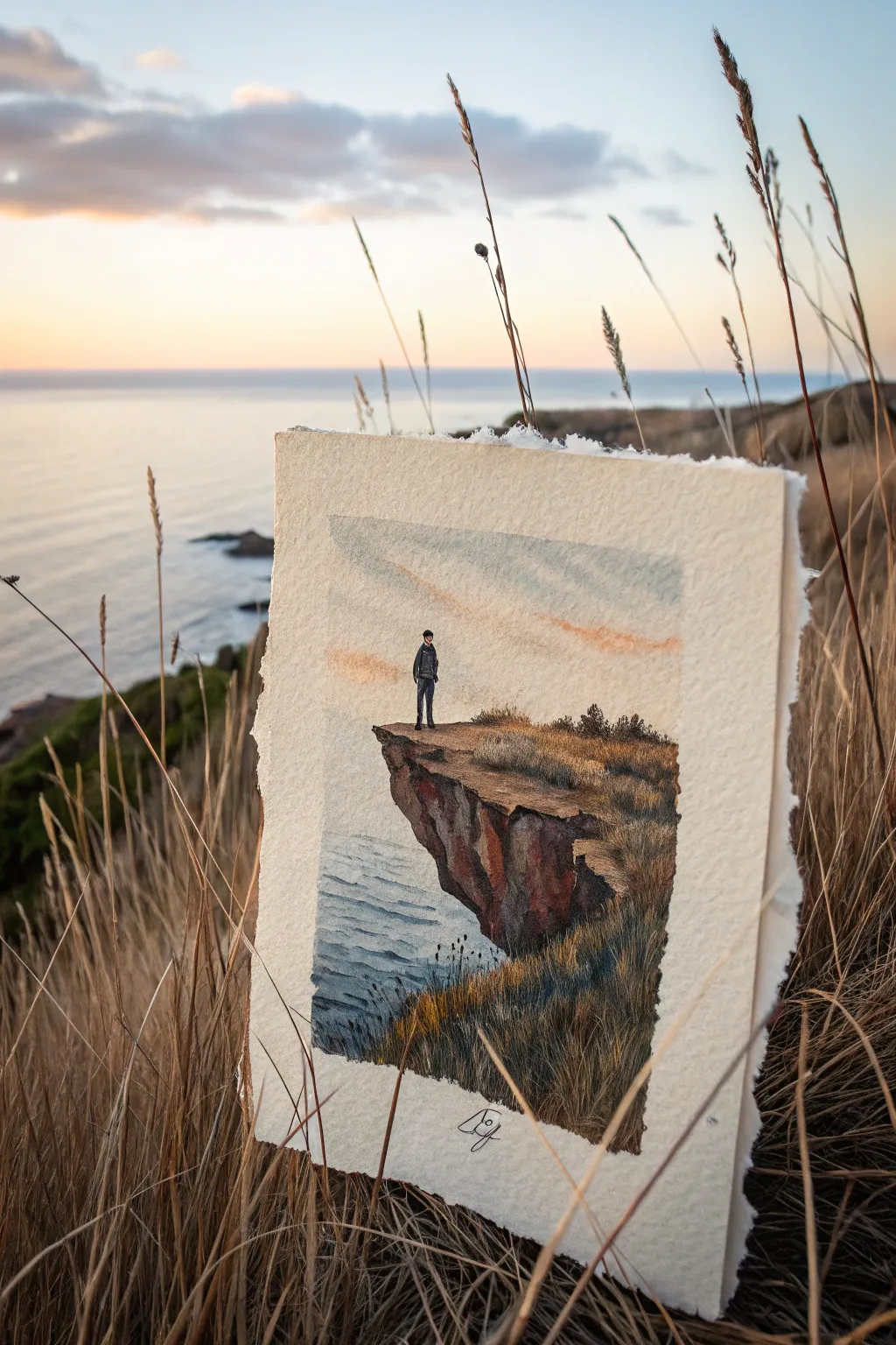 Melancholic floating island: lone figure on the edge, minimal sky and faraway clouds