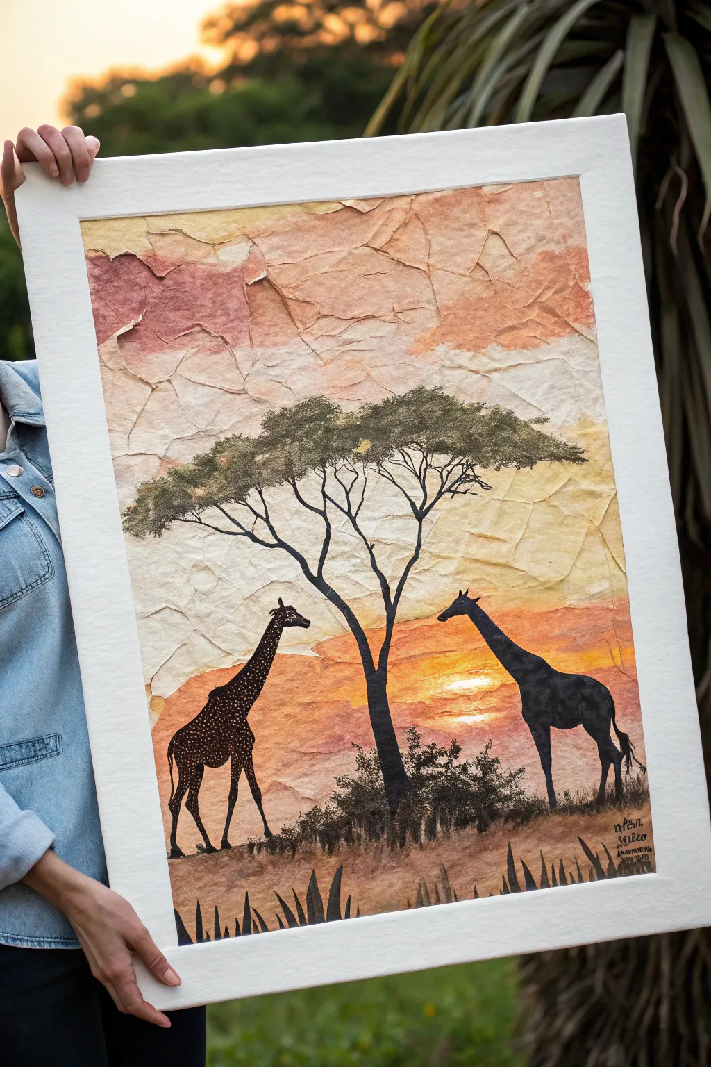Torn-paper sunset sky with bold safari silhouettes, minimalist boho collage to paint and layer