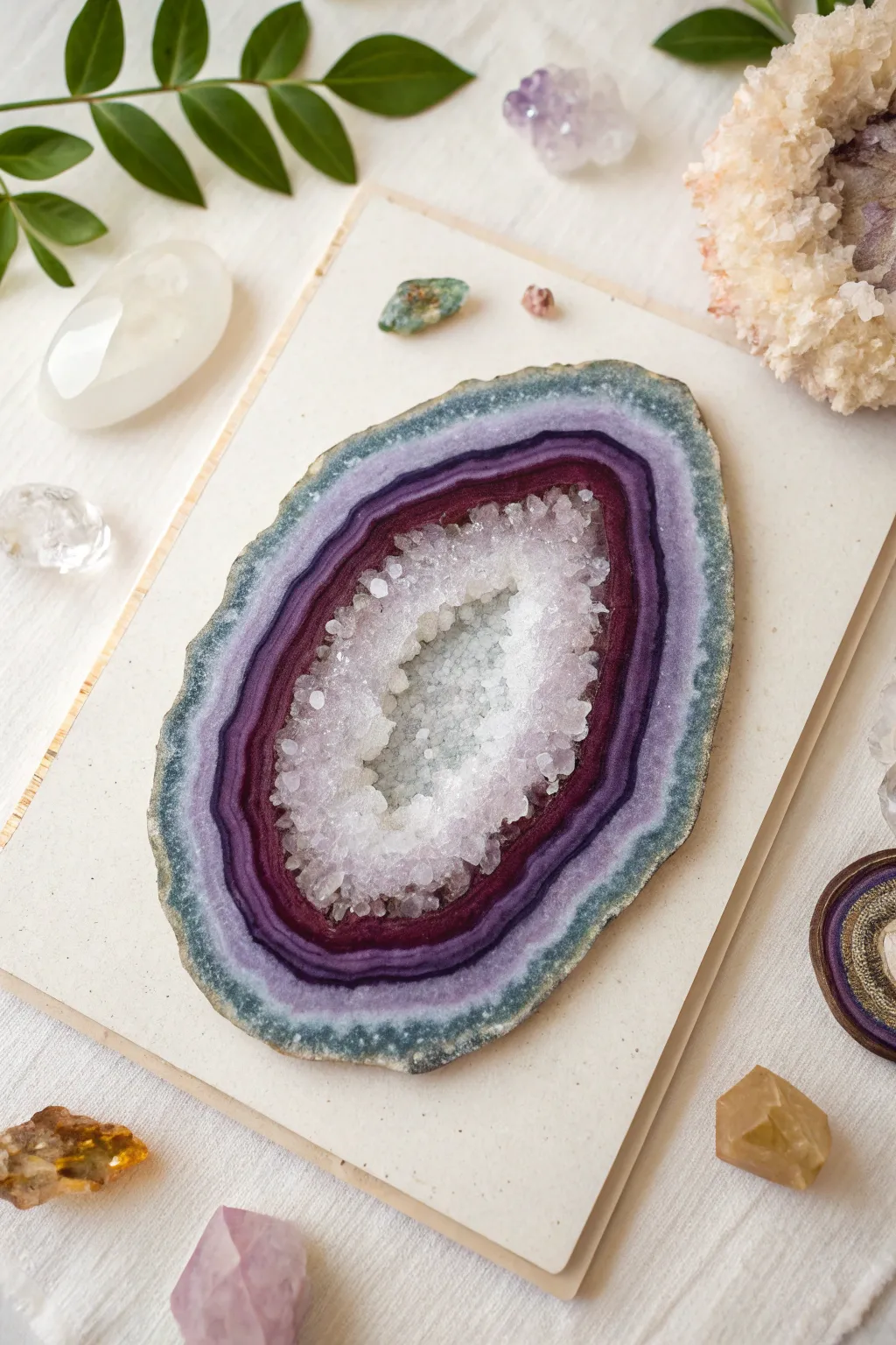 DIY geode crystal slice salt painting with jewel tones and sparkling salt texture