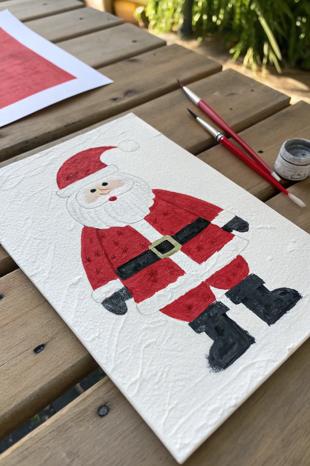 Minimal abstract Santa in red, white, and black with bold brushwork and Scandinavian calm.