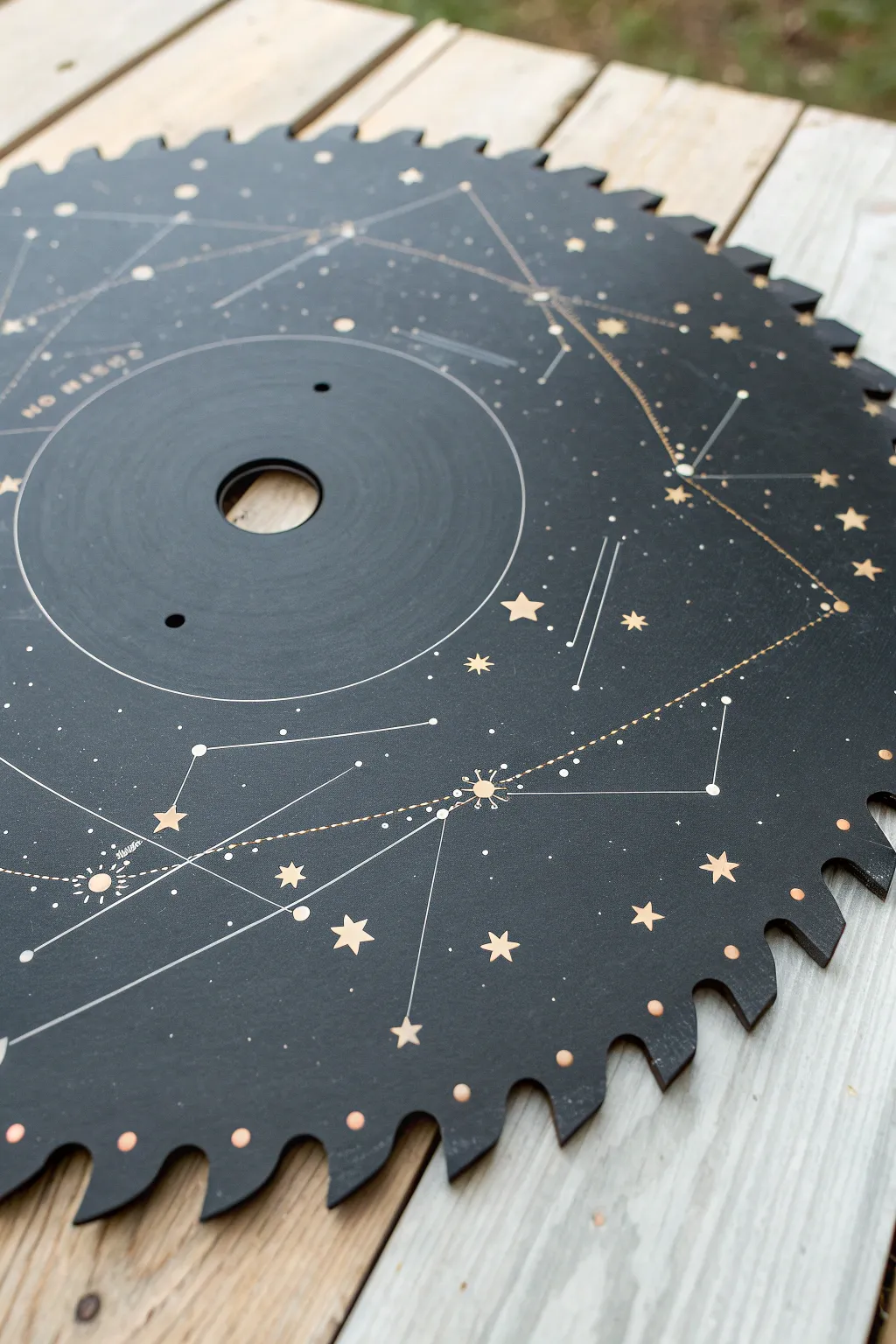 Deep black saw blade with glowing constellations, a minimalist night-sky craft with boho calm