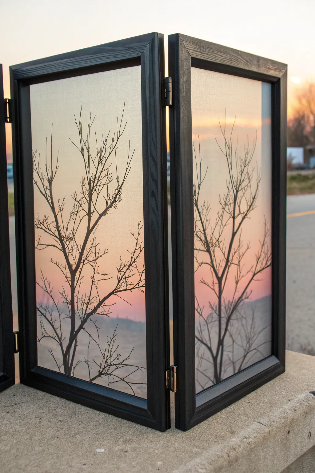 Layered painted window screens in a deep frame, branch silhouettes over a soft sky wash