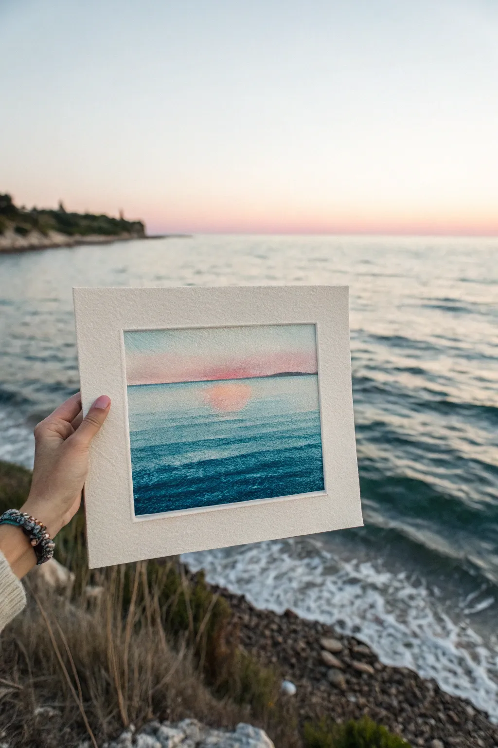 Split-view seascape: serene horizon above, simplified underwater rays and plants below