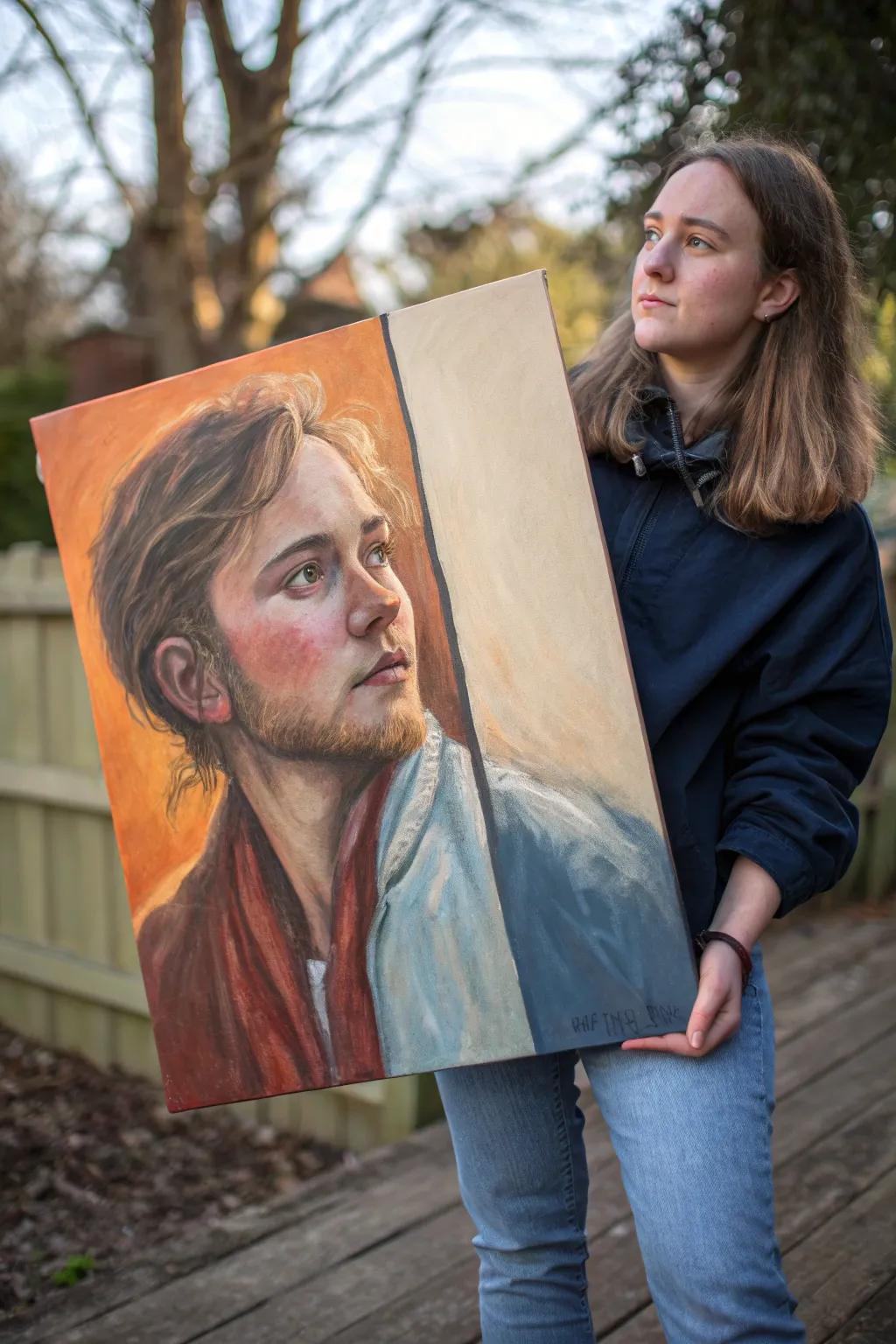 A split-mood self-portrait: warm light meets cool shadow in a clean, crafted canvas.