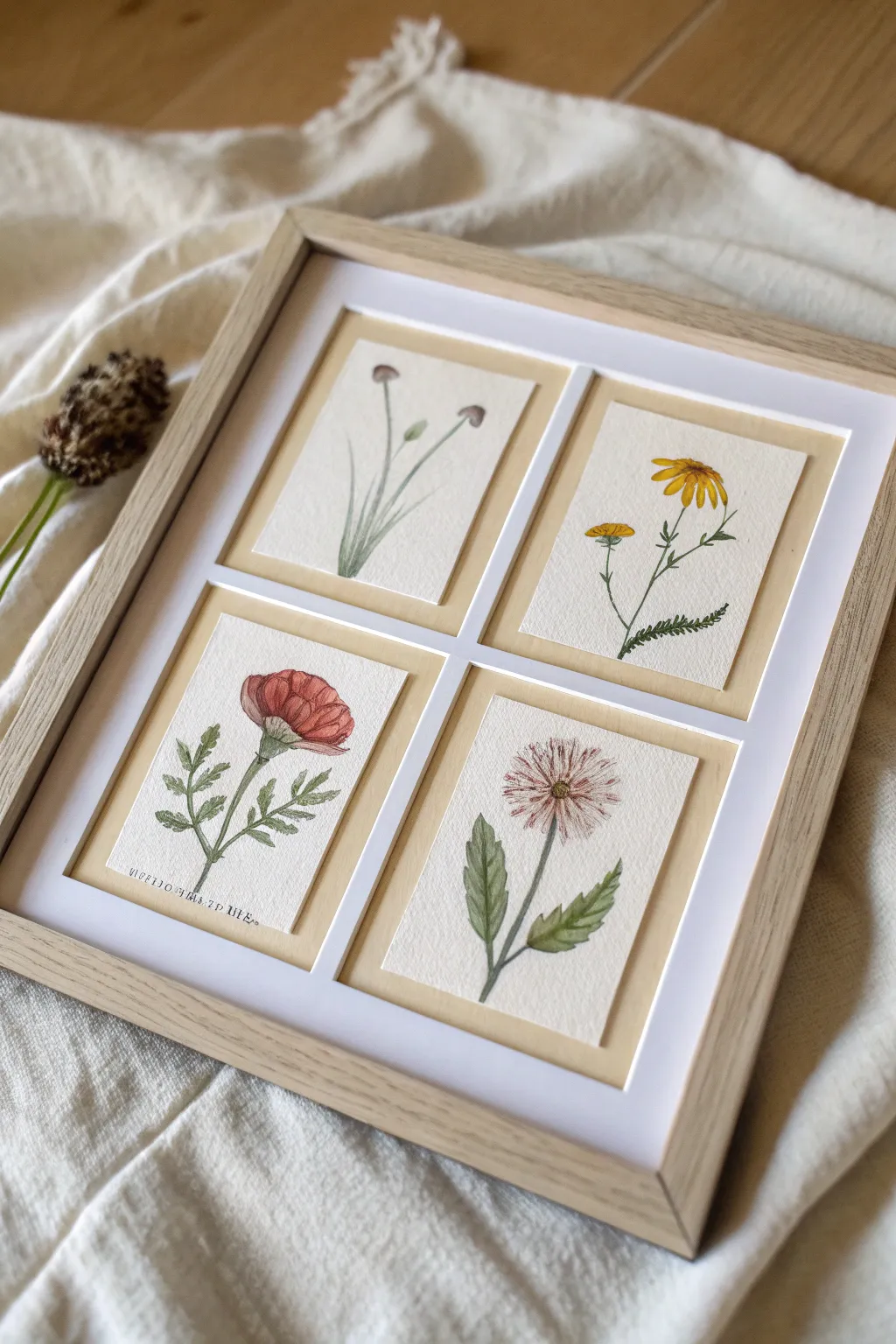 Four-panel mini storyboard: seed to bloom to wilt, simple borders and a clear narrative thread