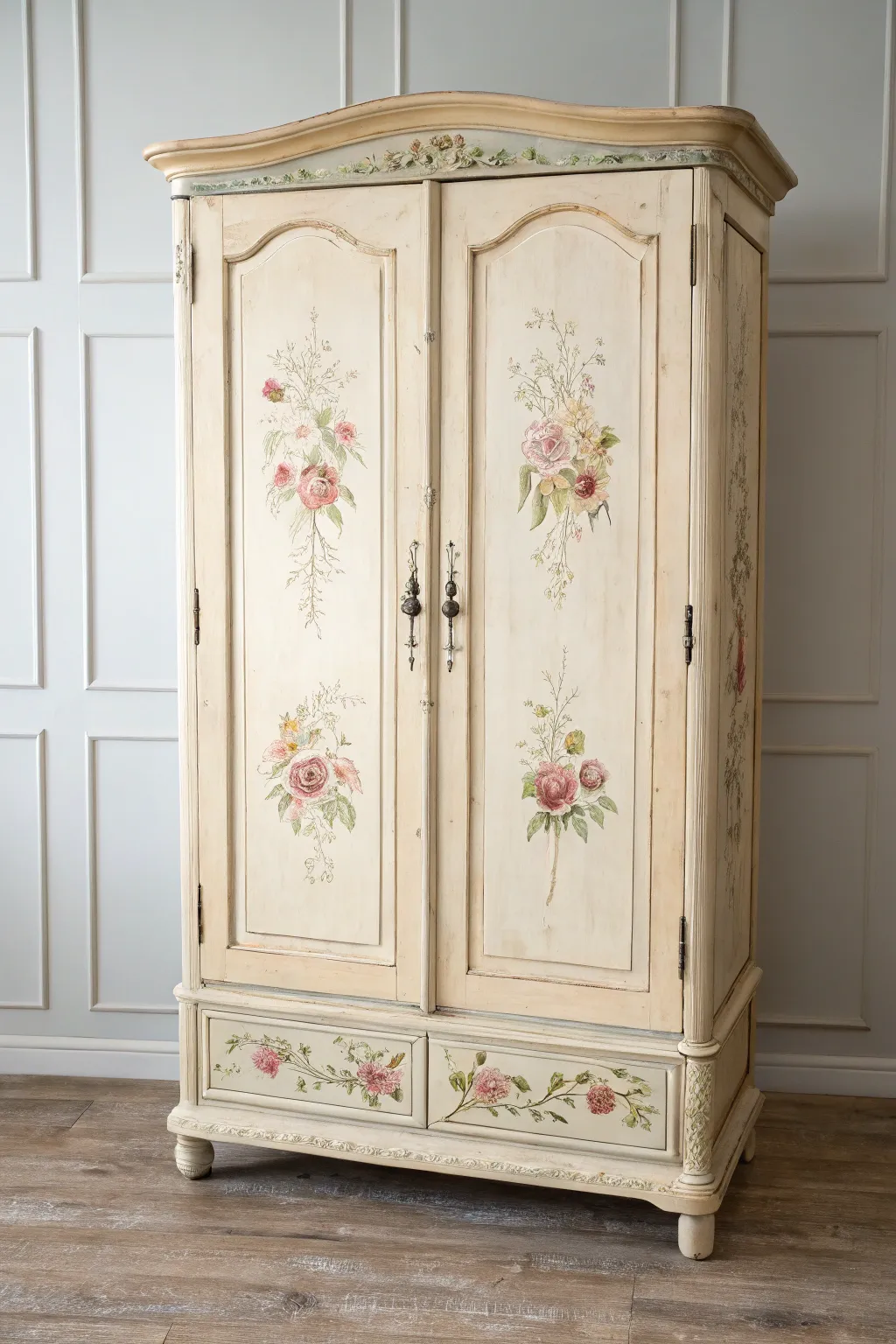 Soft shabby chic armoire with dreamy hand-painted floral mini mural, perfectly imperfect charm.