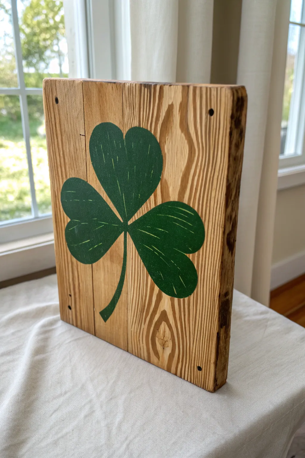 DIY faux wood grain shamrock sign with a bold green focal point for minimalist rustic decor