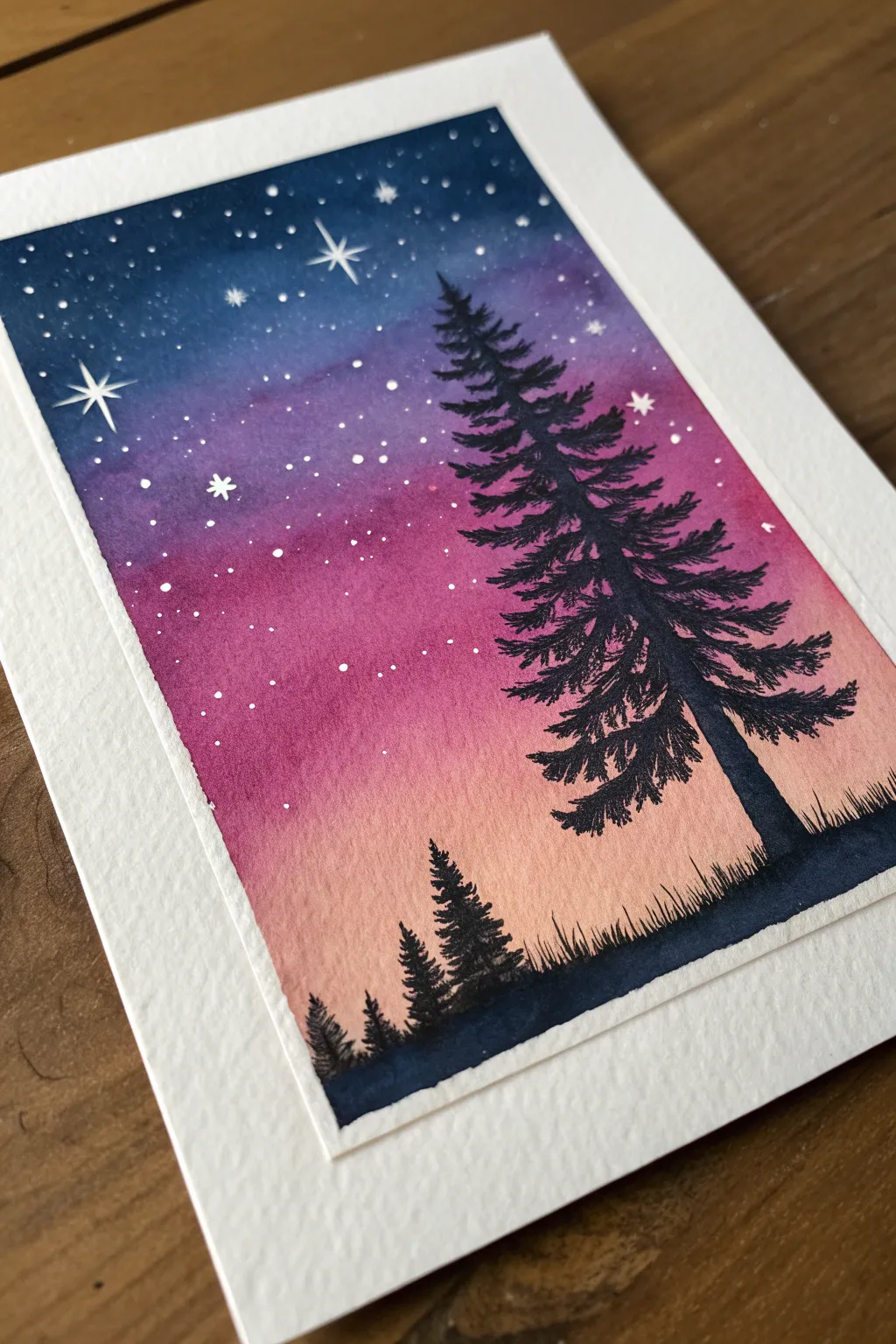 Dreamy galaxy wash with a bold lone tree silhouette, minimalist and easy to recreate.