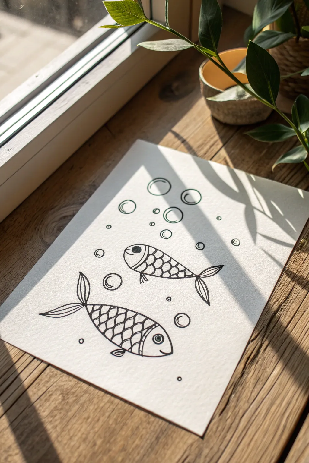 Minimal fish and bubble doodles in black ink on warm white paper, calm Scandinavian vibe.