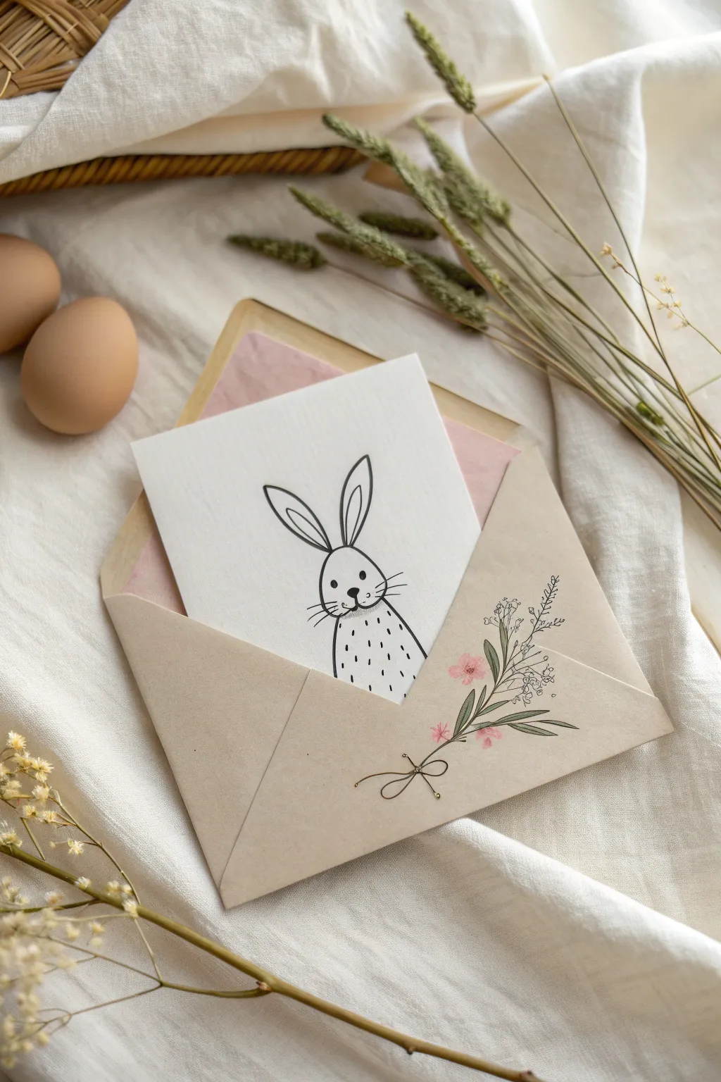 Fold-over Easter egg drawing that opens to reveal a sweet bunny, clean and minimalist.