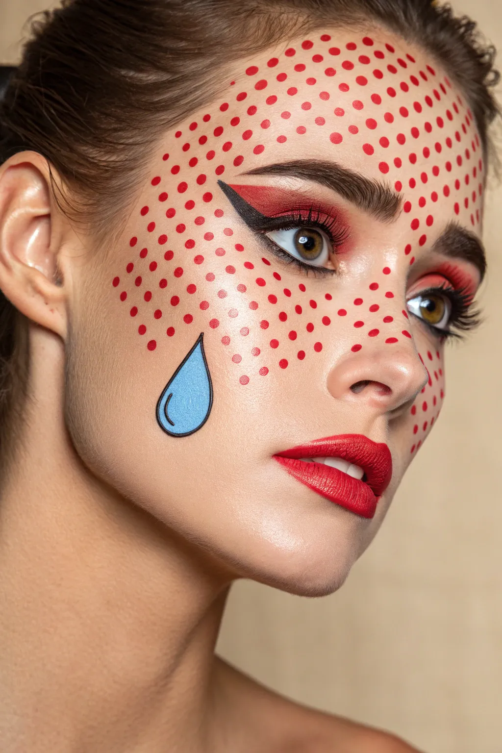 Transform into living art with this iconic and simple Pop Art comic style face paint idea.
