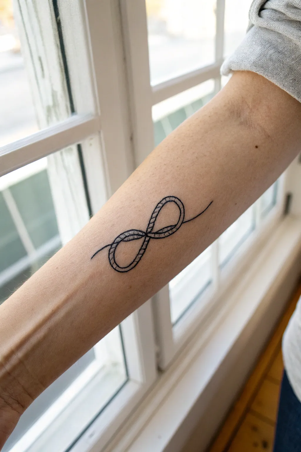 Minimal one-stroke knot tattoo on inner arm, lots of negative space, soft Scandinavian light.