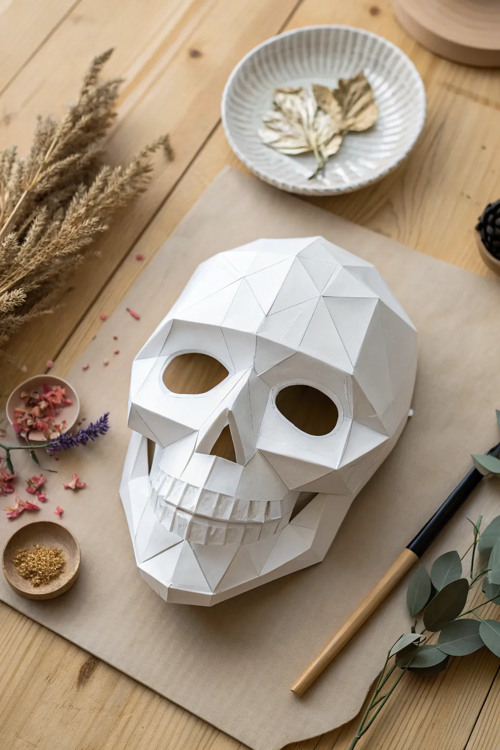 Minimal skull mask template with paper flowers and paint for chic handmade skull decor