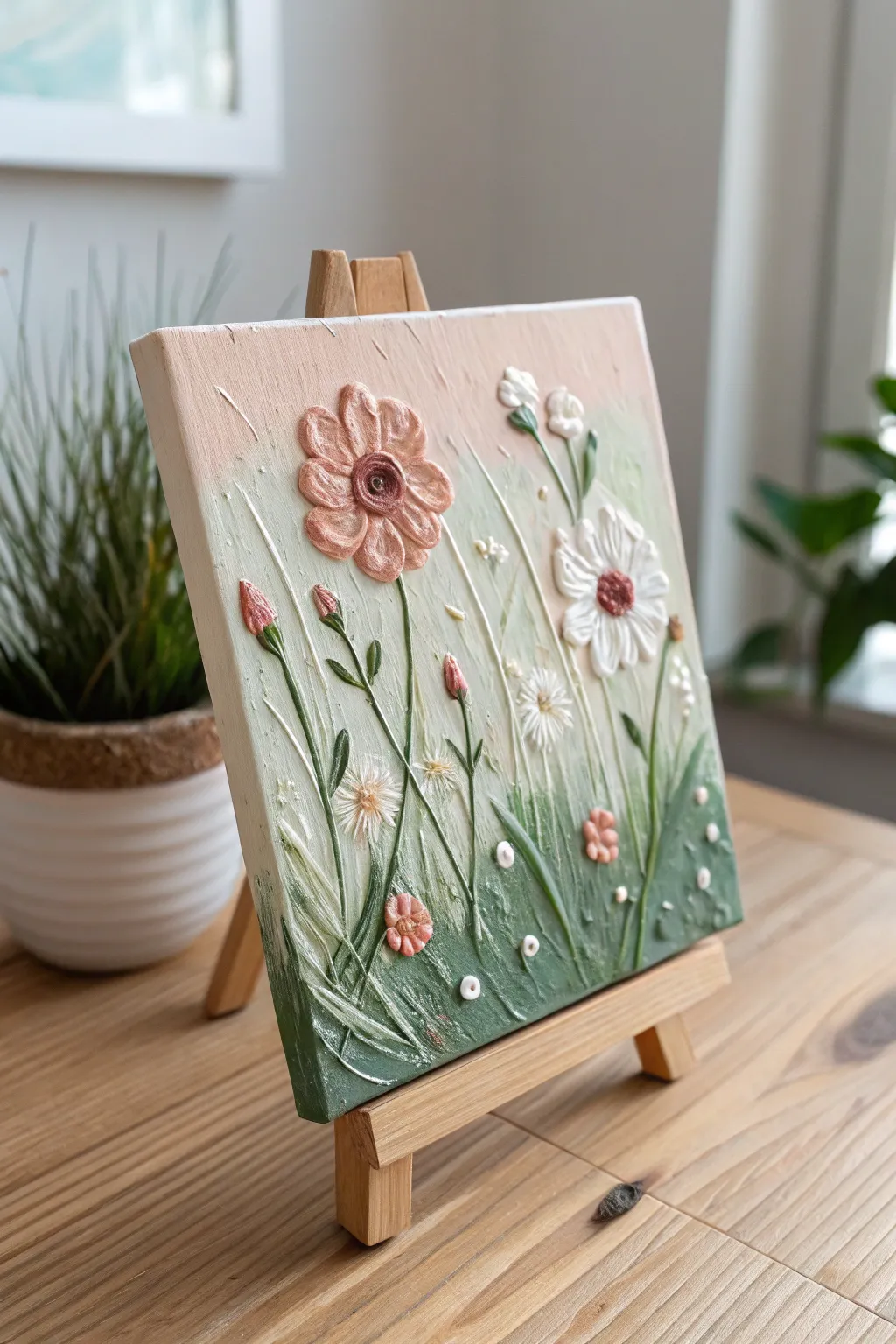 Tiny impasto mini painting in angled light, showing lush texture and delicate boho hues