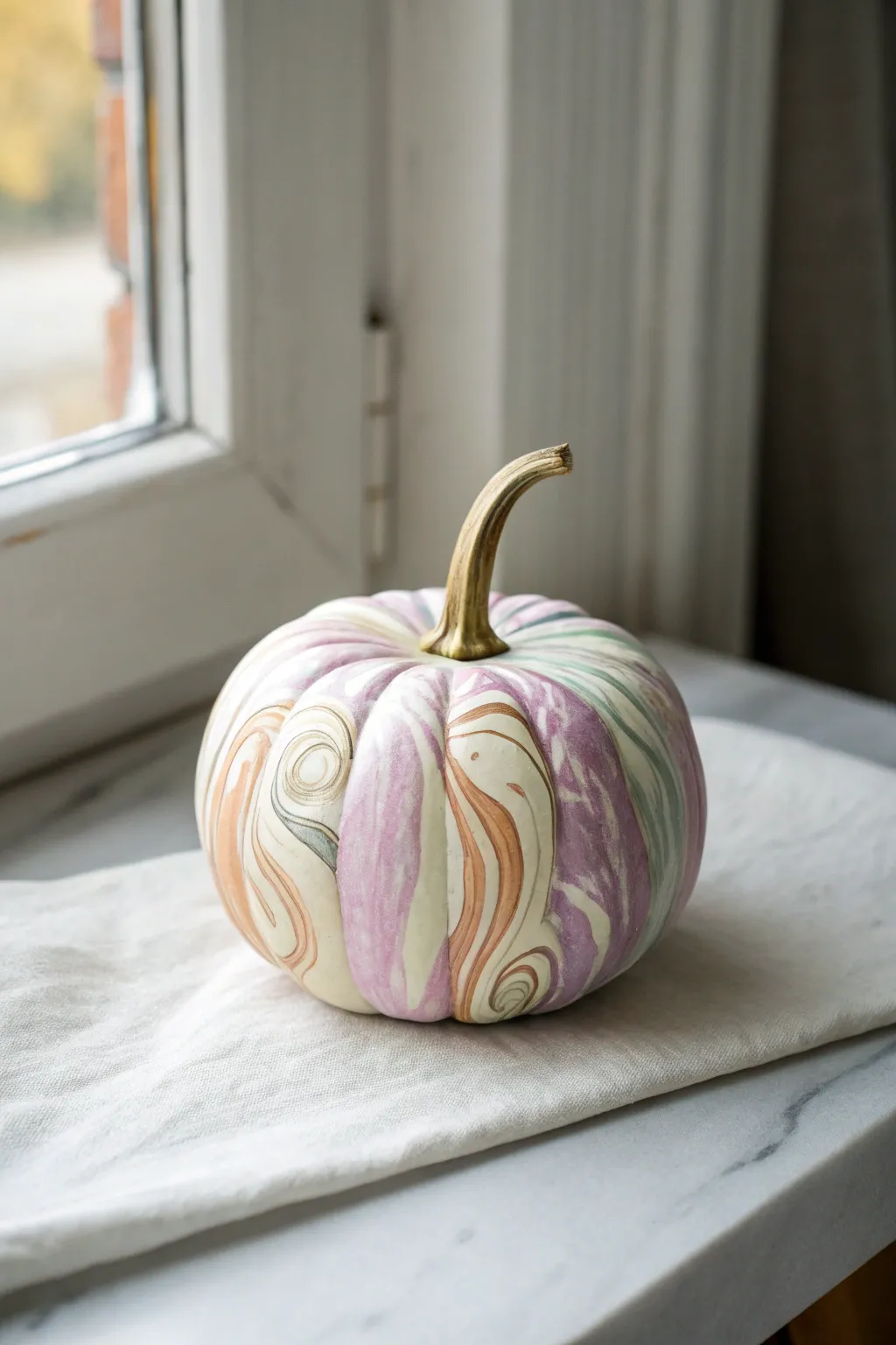 Airy pastel marbled mini pumpkin swirls for a minimalist boho fall painting idea.